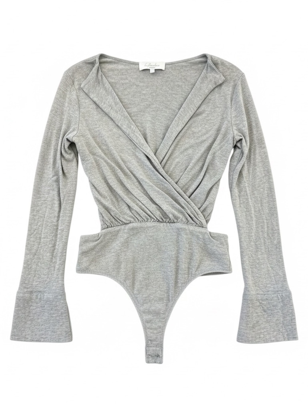 L’Academia Gray Wrap Front Long Sleeve Bodysuit with open side and back. Medium